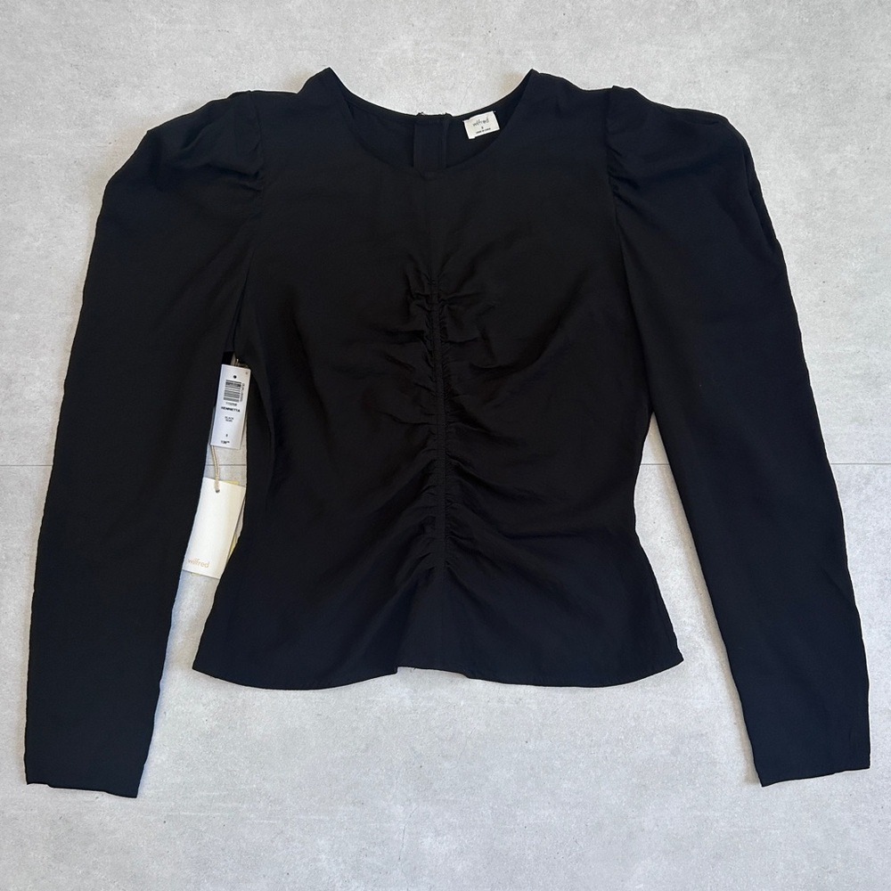 NWT Aritzia Wilfred Henrietta Blouse Black Ruched Puff Sleeve Size 8 - Picture 7 of 16